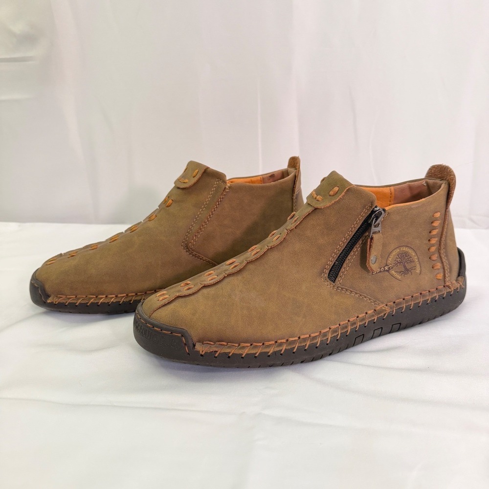 Fashion Sport Brown Leather Hand Stitched Ankle Boots Mens Size 42 Caoutchouc